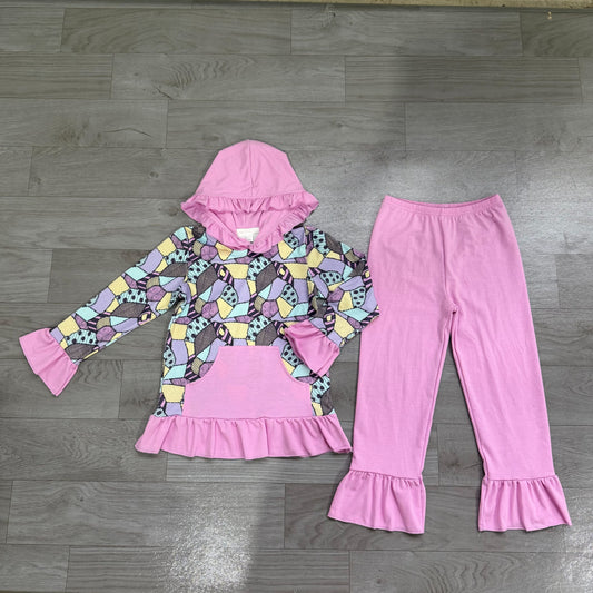 No moq  Preorder Baby Girls Kids Long Sleeves Halloween Hoodie Ruffle Tops Purple Pants Set Clothes