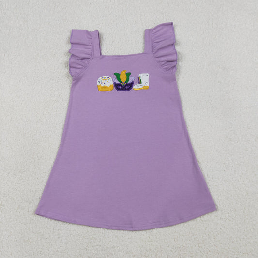 RTS Baby Girls Kids Embroidery Masks Donuts Boots Mardi Gras Knee length Purple Dress