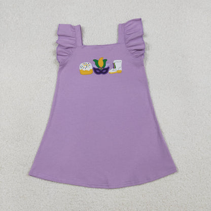 RTS Baby Girls Kids Embroidery Masks Donuts Boots Mardi Gras Purple Dress Set Cotton Clothes