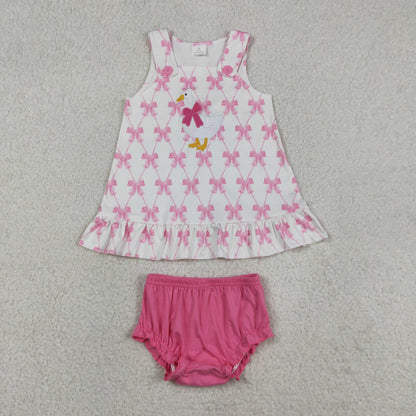 Sibling Baby Girls Toddler Sleeveless Embroidery Goose Bows Tops Bummie Shorts Sets