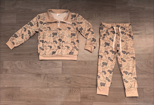 No moq Preorder Baby Boys Kids Long Sleeves Zipper Shirt Pockets Pants Camo Set Clothes