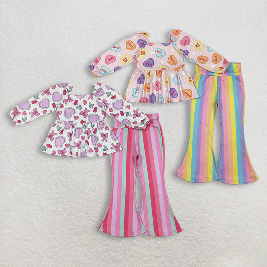 Sibling Baby Girls Kids Long Sleeves Hearts Bows Tops Stripes Pants Valentine Clothes Sets