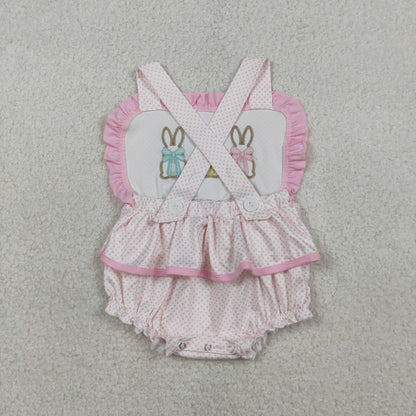 RTS Baby Girls Infant Straps Embroidery Rabbits Easter Ruffle Romper