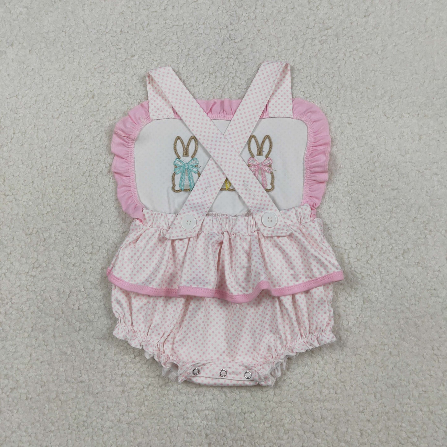 Baby Girls Kids Short Sleeves Embroidery Rabbits Pink Tops Pockets Shorts Easter Clothes Set
