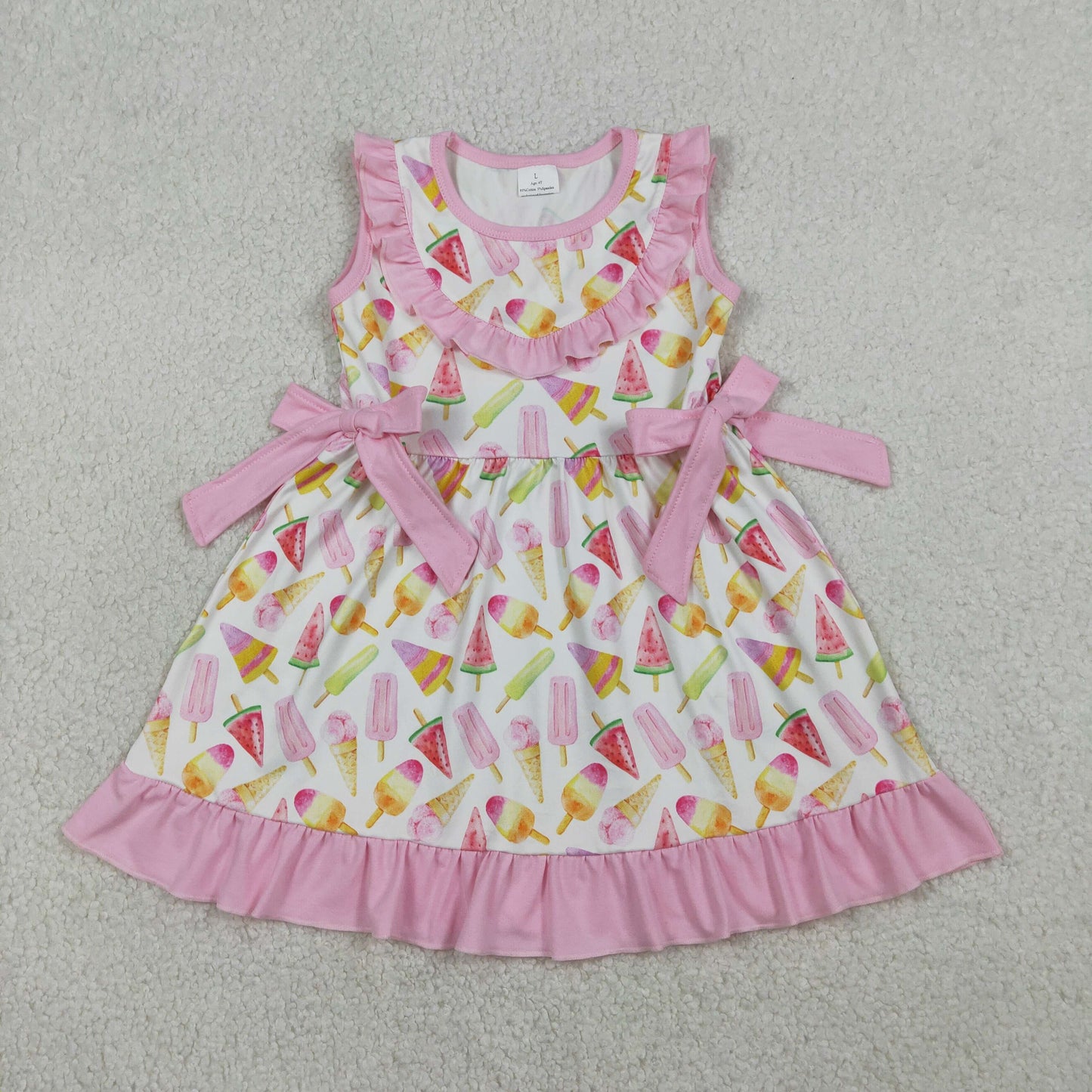 RTS Baby Girls Sleeveless Popsicles Pink Bows Summer Knee Length Dress