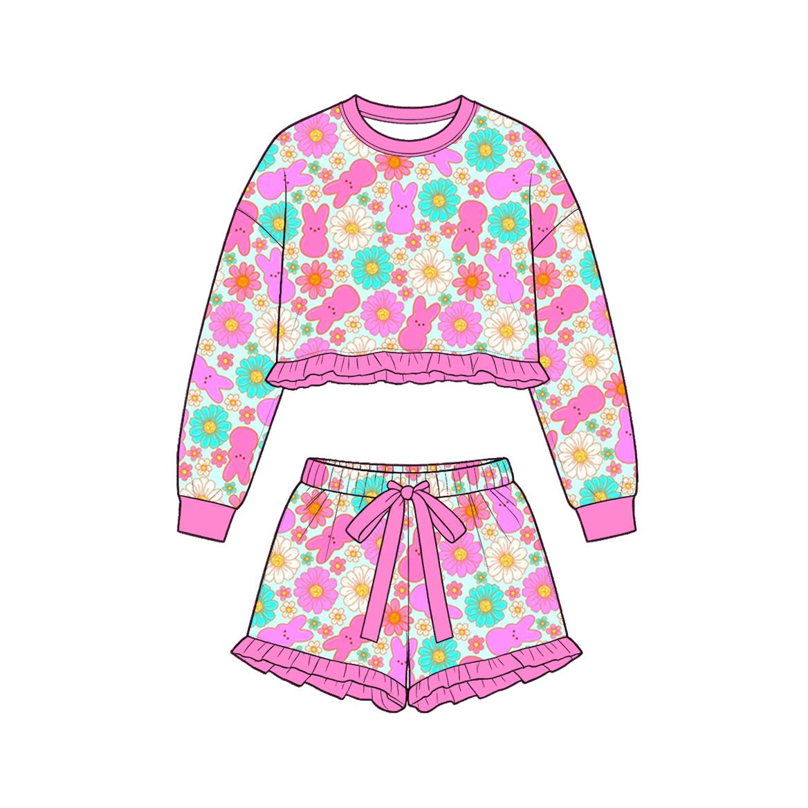 Moq 5 Preorder Baby Girls Kids Long Sleeves Rabbits Flower Easter Shirt Shorts Set Clothes