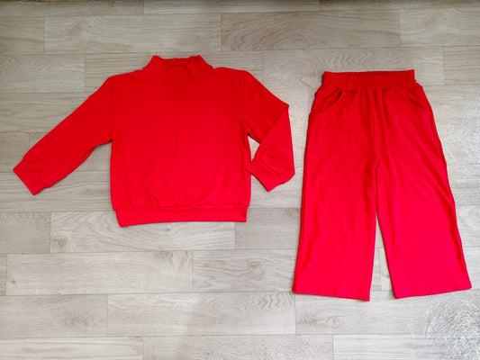 No moq Preorder Baby Girl Kids Long Sleeves Red Shirt Pockets Pants Cotton Set Clothes