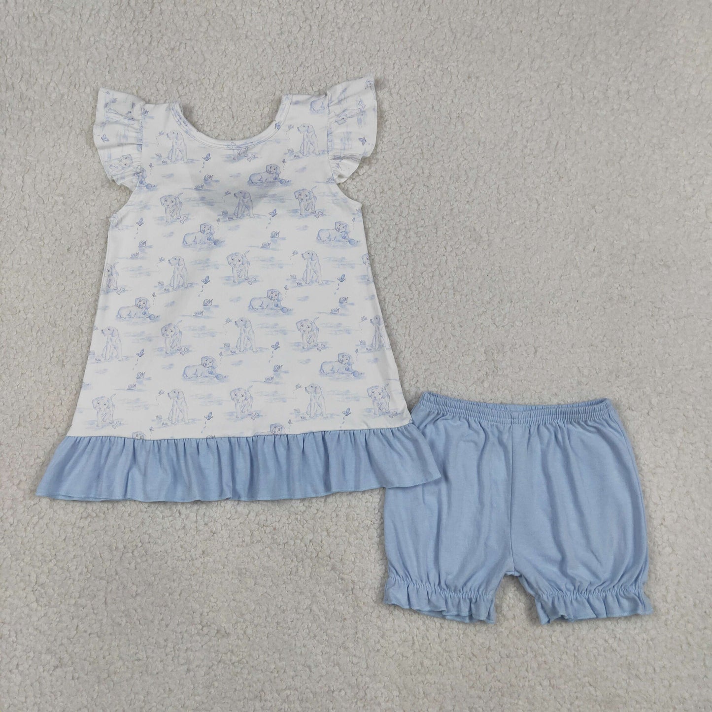 Baby Girls Kids Sleeveless Dogs Tops Blue Shorts Clothes Set