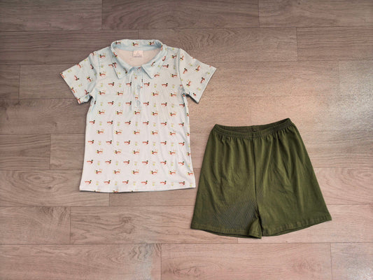 No moq Preorder Baby Boys Kids Short Sleeves Ducks Shirt Green Shorts Summer Set