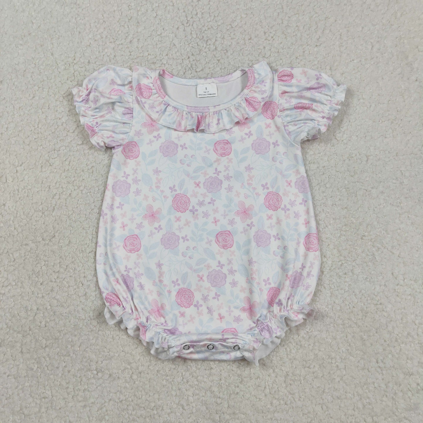 RTS Baby Girls Infant Short Sleeves Purple Pink Flower Ruffle Romper