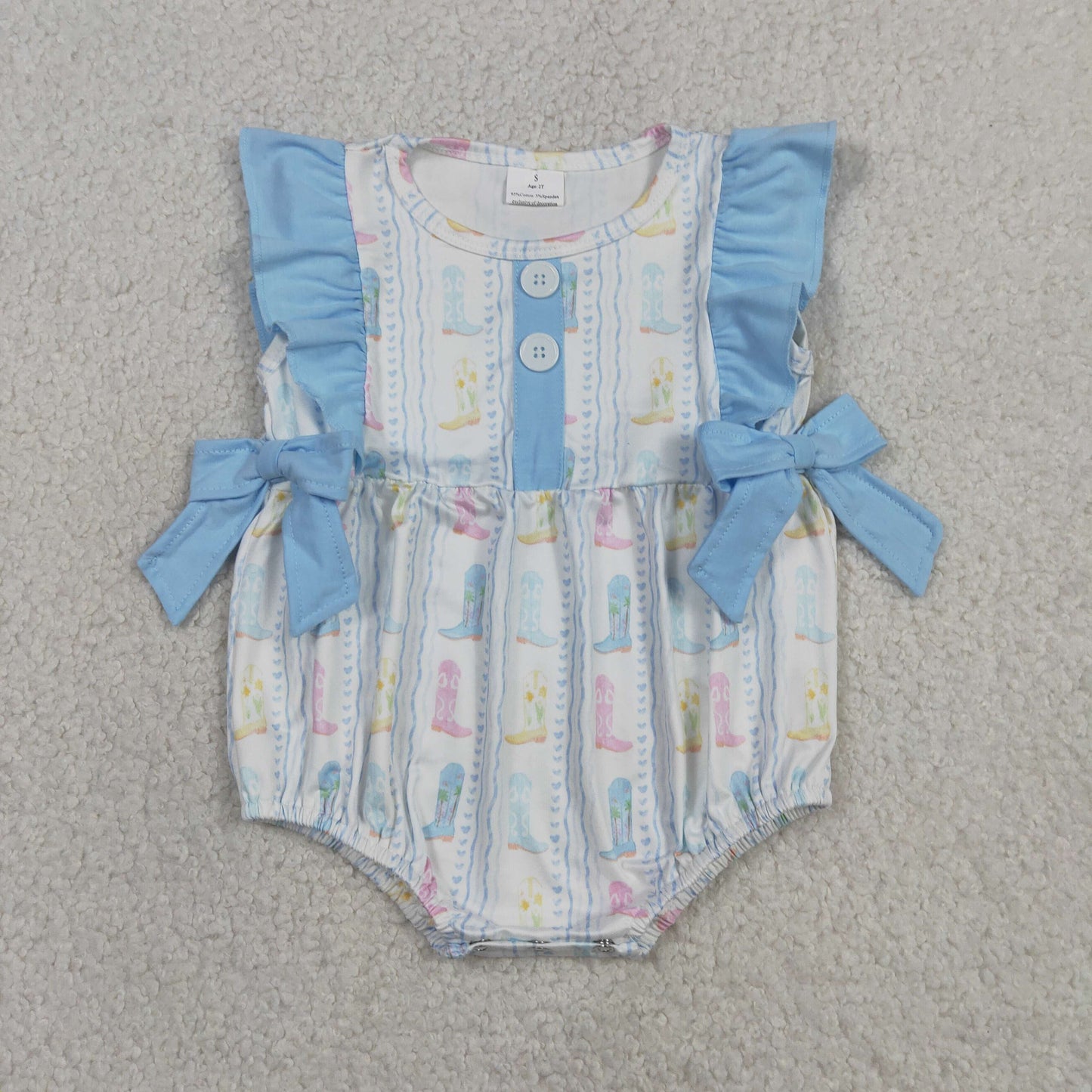 Baby Girls Infant Western Boots Bows Ruffle Bubble Romper