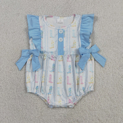 Baby Girls Infant Western Boots Bows Ruffle Bubble Romper