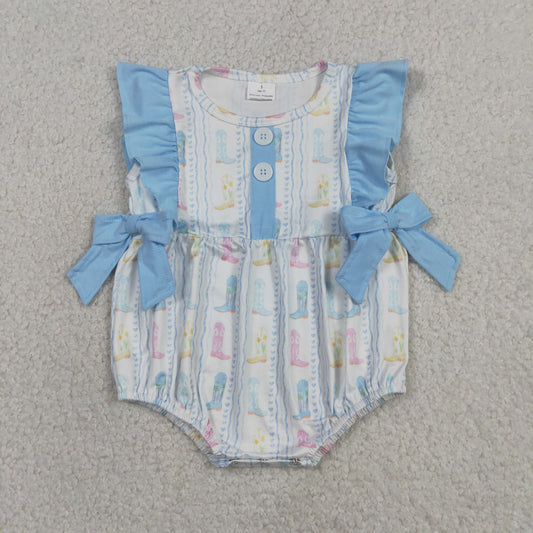 Baby Girls Infant Western Boots Bows Ruffle Bubble Romper