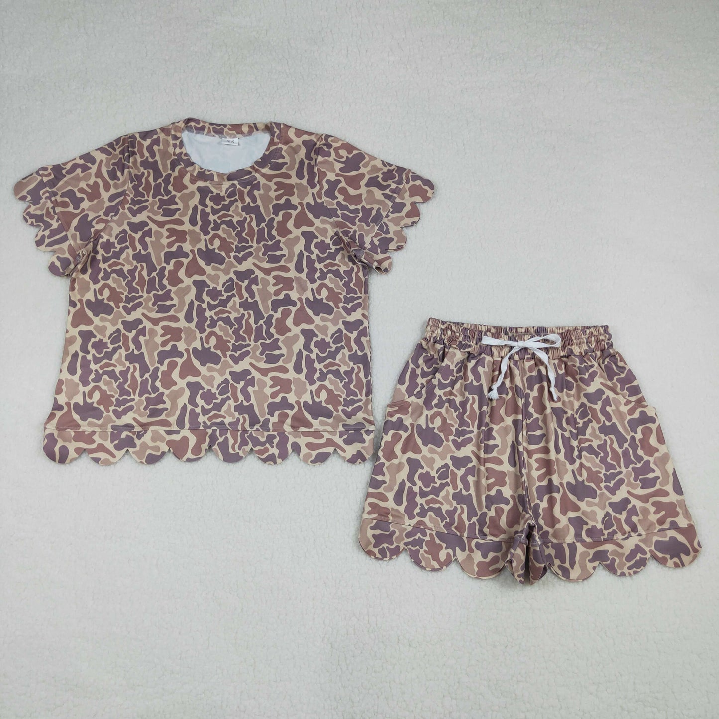 RTS Adult Women Short Sleeves Brown Camo Shirt Shorts Yoga Active Clothes Set
