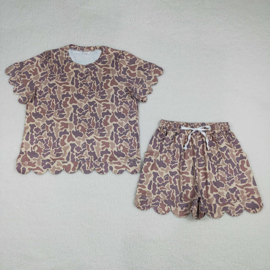 RTS Adult Women Short Sleeves Brown Camo Shirt Shorts Yoga Active Clothes Set