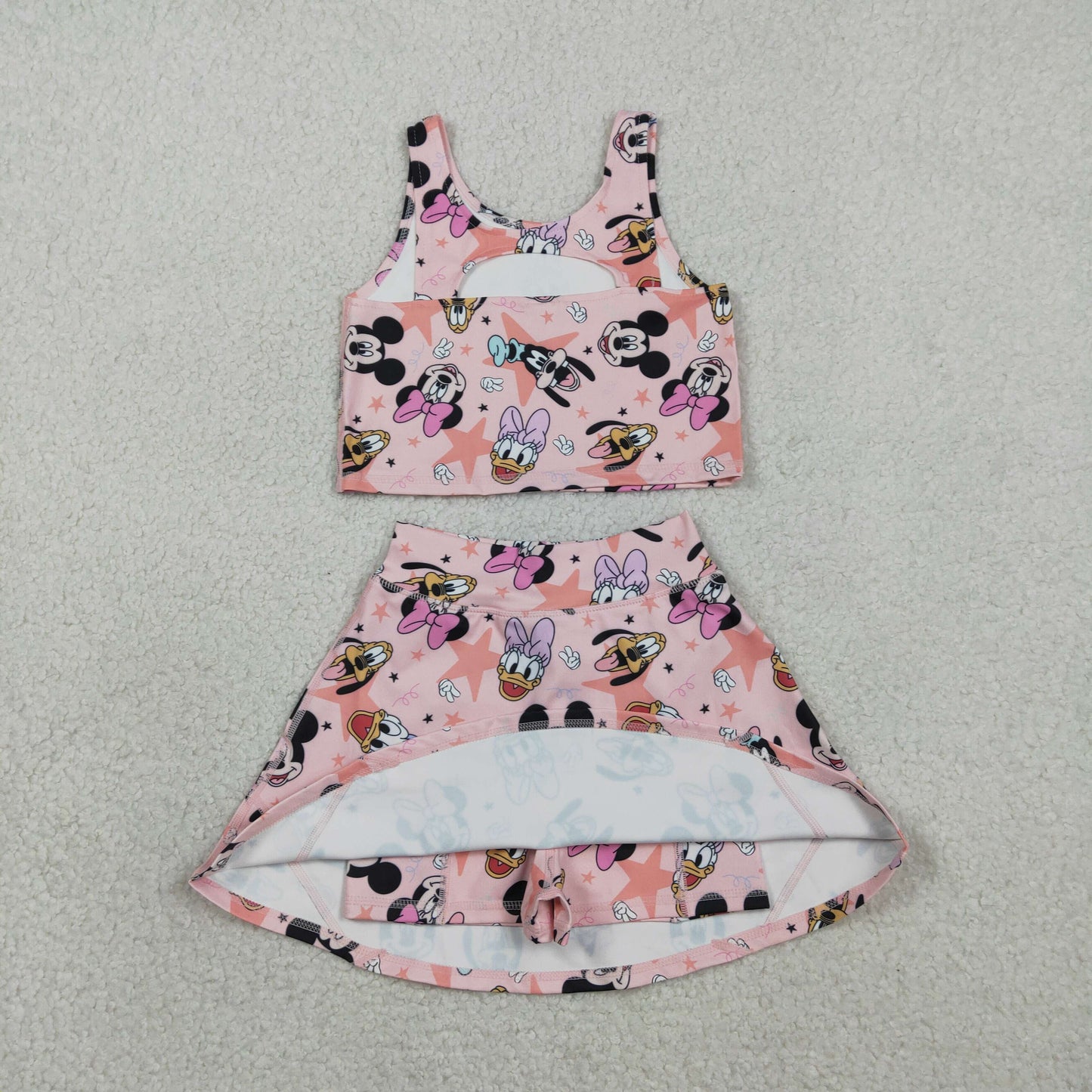 RTS Baby Girls Kids Sleeveless Cartoon Tops Shorts Skirt Yoga Active Pink Set
