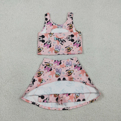 RTS Baby Girls Kids Sleeveless Cartoon Tops Shorts Skirt Yoga Active Pink Set