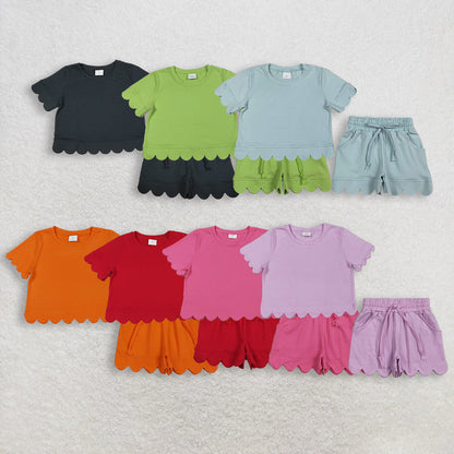 RTS Sibling Baby Girls Kids Short Sleeves Shirts Scallop Shorts Sets Summer Cotton Clothes