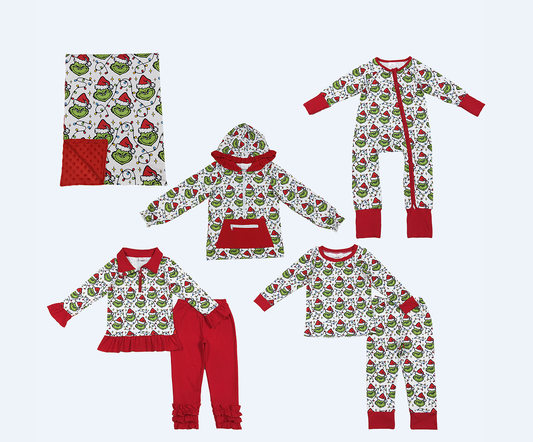 Sibling Baby Boys Girls Kids Green Face Lights Zipper Romper Sets Blanket Christmas Clothes