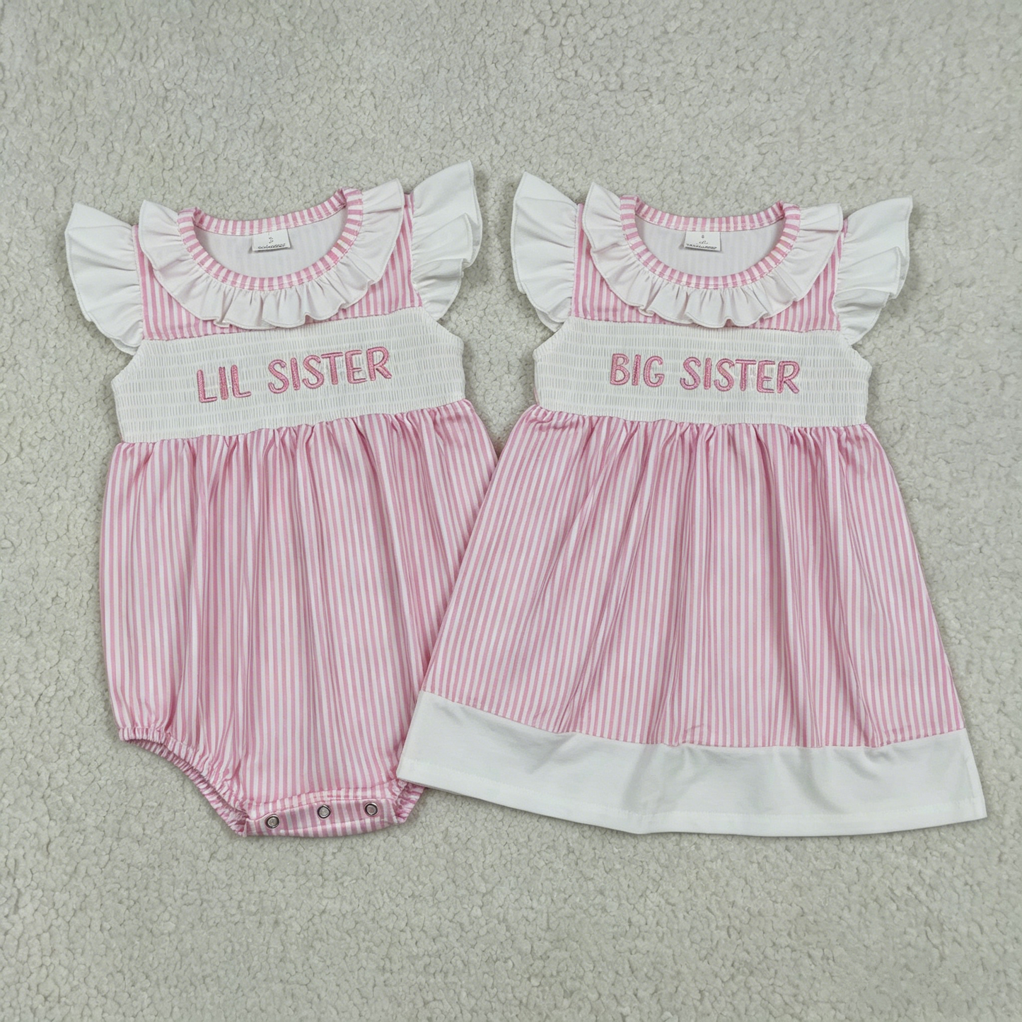 Sibling Baby Girls Kids Short Sleeves Embroidery Sister Pink Stripes Bubble Romper Dress Clothes