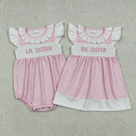 Sibling Baby Girls Kids Short Sleeves Embroidery Sister Pink Stripes Bubble Romper Dress Clothes