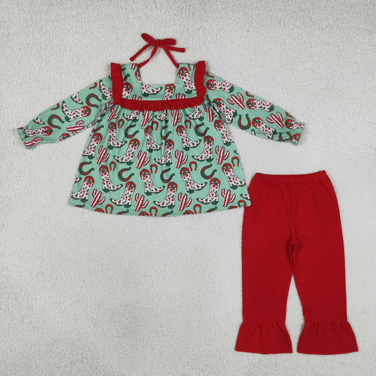 Baby Girl Long Sleeves Christmas Boots Cactus Tunic Red Pants Set