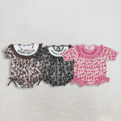 RTS Sibling Baby Girls Kids Embroidery Mama's Bestie Camo Bows Bubble Rompers