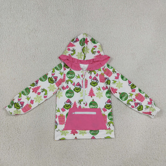 Baby Girl Long Sleeves Green Face Tree Hoodie Zipper Pocket Christmas Shirt