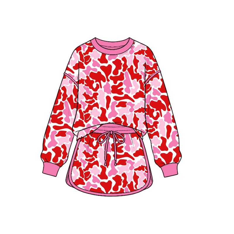 Moq 5 Preorder Baby Girls Kids Long Sleeves Camo Print Shirt Skirt Shorts Pink Set Clothes