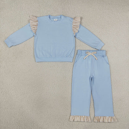 Sibling Baby Girls Kids Long Sleeves Shirts Pockets Shorts Pants Cotton Blue Sets Clothes