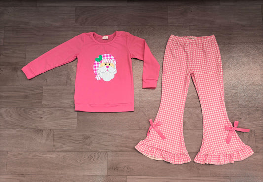 No moq Preorder Baby Girls Kids Embroidery Christmas Santa Shirt Pink Plaid Bows Pants Set Clothes