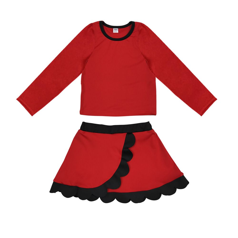 Moq 5 Preorder Baby Girls Kids Red Shirt Black Scalloped Skirt Shorts Set Yoga Active Clothes