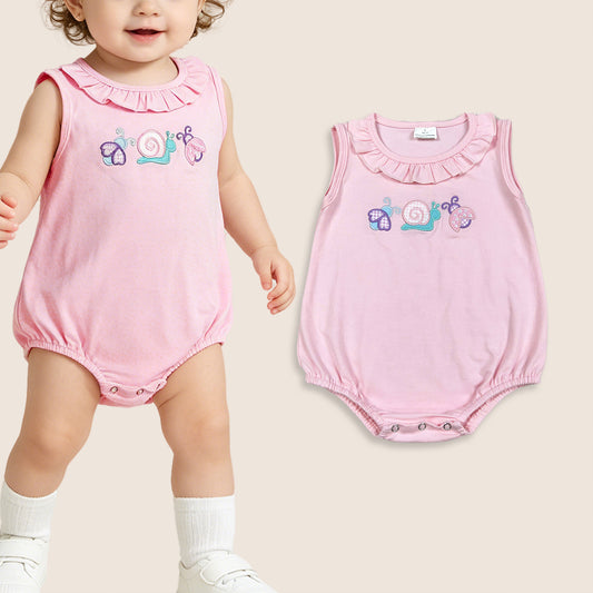 Baby Girls Infant Sleeveless Embroidery Animals Pink Bubble Ruffle Romper