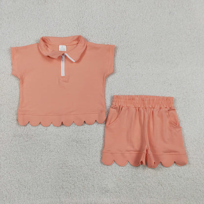 Baby Girls Kids Short Sleeves Zipper Shirt Scallop Shorts Set
