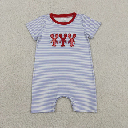 Baby Boys Infant Short Sleeves Embroidery Crayfish Blue Stripes Romper