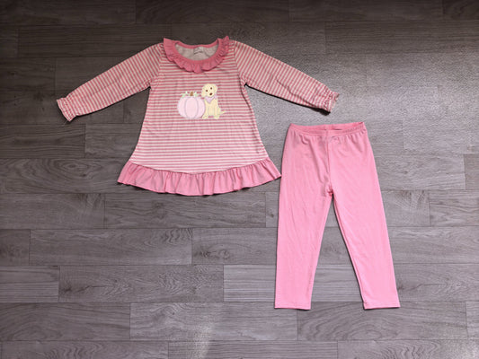 No moq Preorder Baby Girls Kids Embroidery Pumpkin Dog Tops Pink Pants Set Fall Clothes