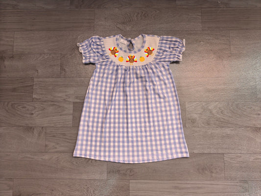 No moq Preorder Baby Girls Kids Embroidery turkey Pumpkins Blue Plaid Dress Fall Clothes