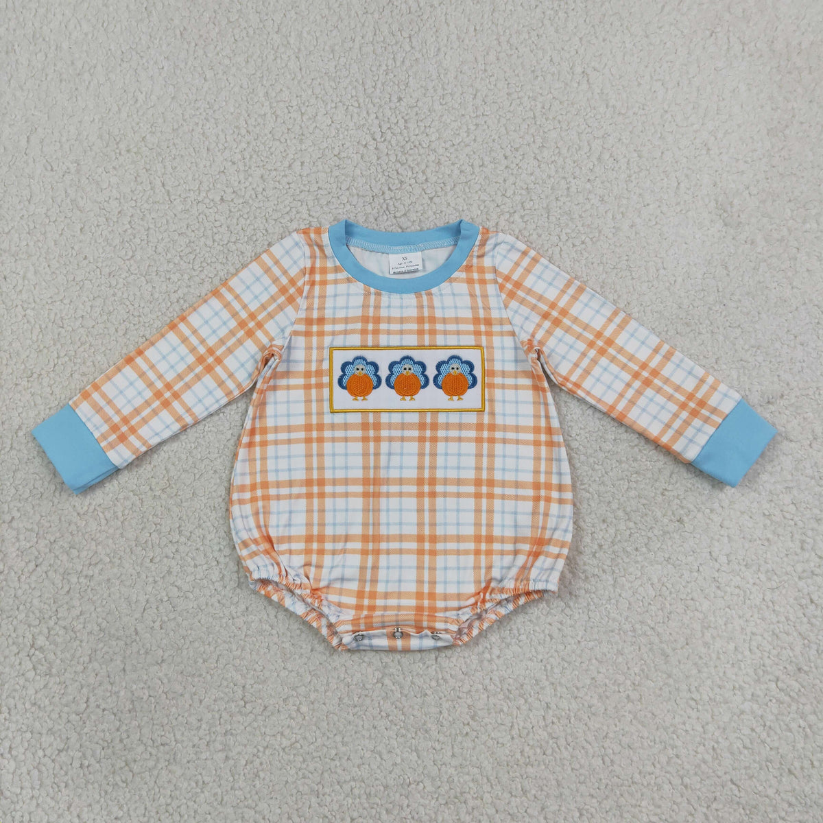 Baby Boy Kids Long Sleeves Embroidery turkey Pumpkins Plaid Romper Fall Clothes