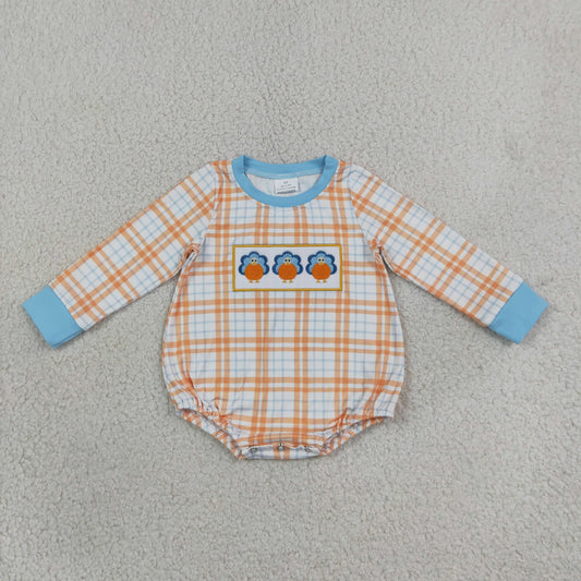 Baby Boy Kids Long Sleeves Embroidery turkey Pumpkins Plaid Romper Fall Clothes