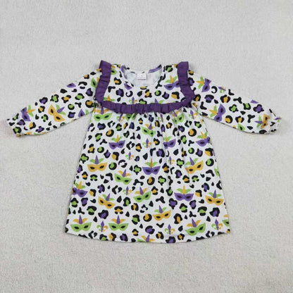 RTS Sibling Baby Girls Kids Long Sleeves Masks Leopard Purple Ruffle Mardi Gras Dress Set