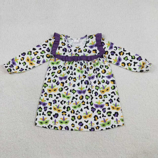RTS Sibling Baby Girls Kids Long Sleeves Masks Leopard Purple Ruffle Mardi Gras Dress Set