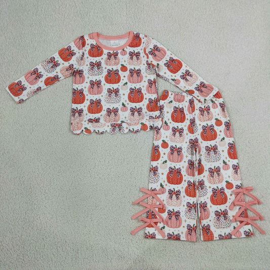 Baby Girls Kids Long Sleeves Pumpkins Bows Scallop Shirt Pants Set Fall Clothes