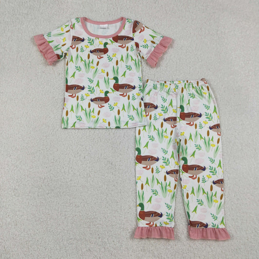 Baby Girls Kids Short Sleeves Ducks Flower Shirt Pants Pajamas Set