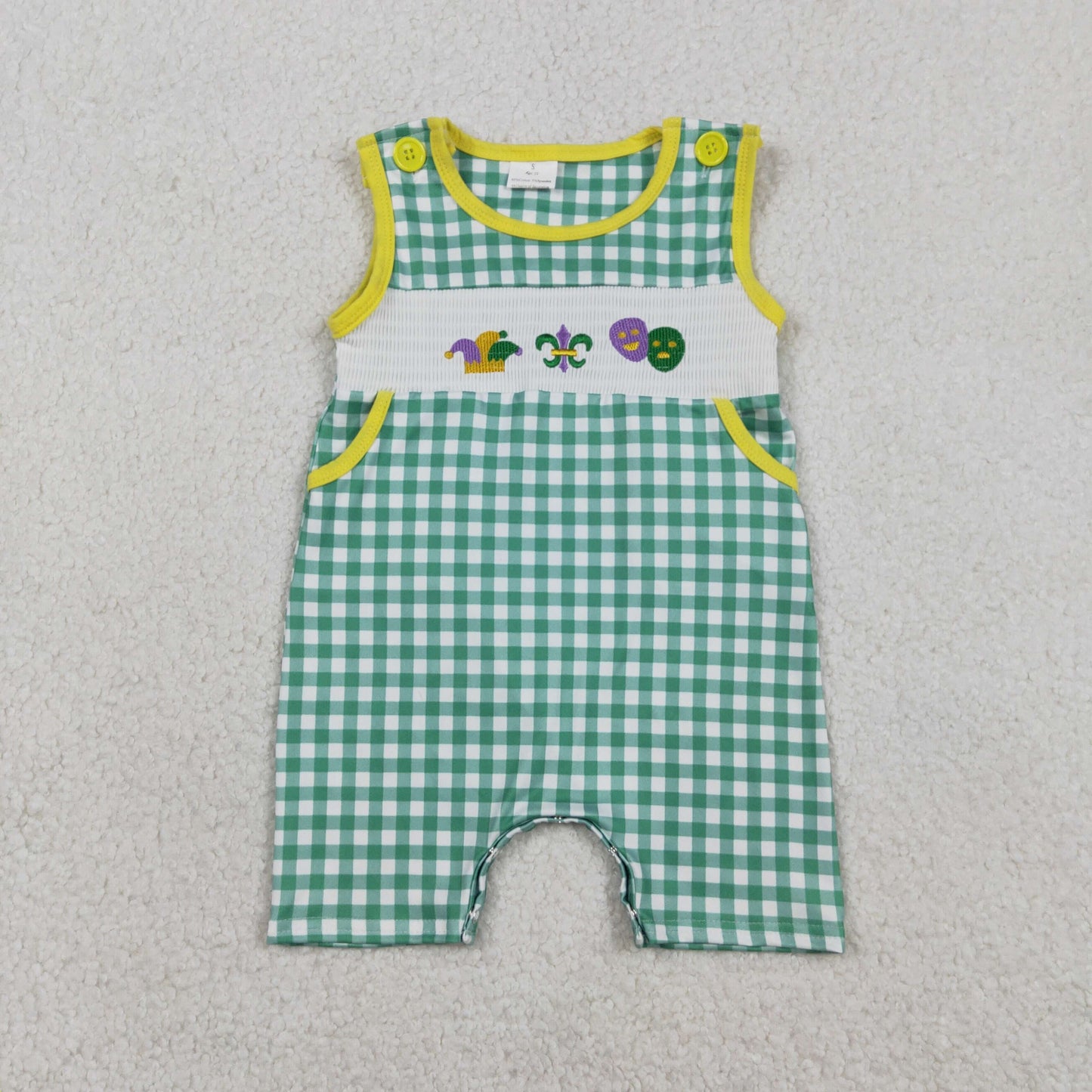 Baby Boys Embroidery Anchors Pockets Green Plaid Smocked Mardi Gras Romper