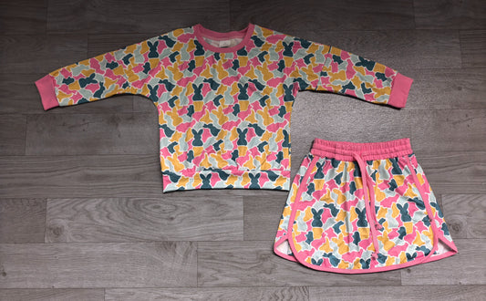 No moq Preorder Baby Girls Kids Long Sleeves Shirt Rabbits Camo Skirt Shorts Easter Set