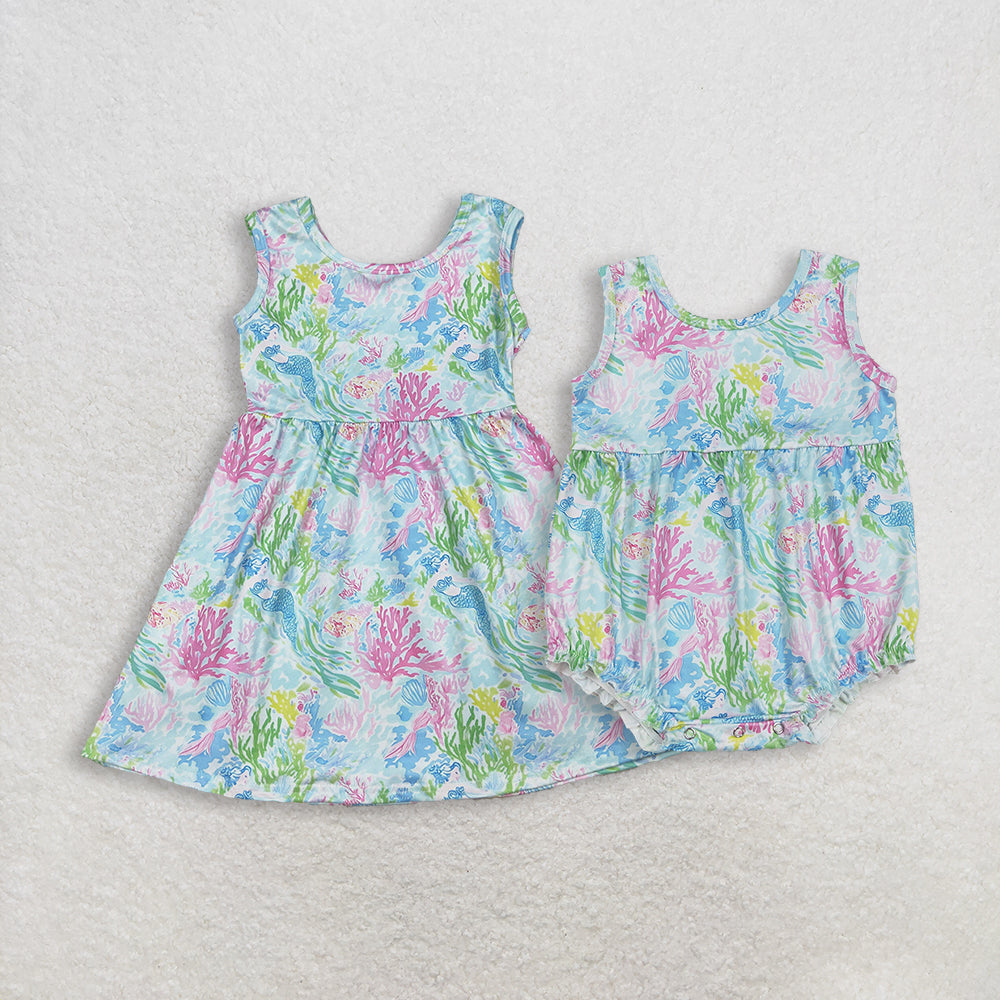 RTS Sibling Baby Girls Kids Sleeveless Sea Flower Knee Length Dress Romper Summer Clothes