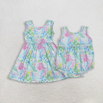 RTS Sibling Baby Girls Kids Sleeveless Sea Flower Knee Length Dress Romper Summer Clothes