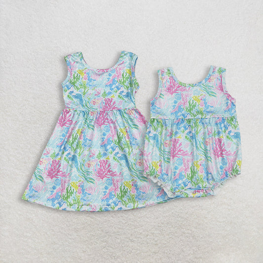 RTS Sibling Baby Girls Kids Sleeveless Sea Flower Knee Length Dress Romper Summer Clothes