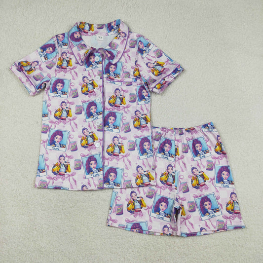 Adult Women Short Sleeves Singer Buttons Pocket Shirt Shorts Pajamas Set