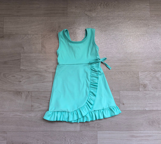 No moq Preorder Baby Girls Kids Sleeveless Blue Green Scallop Yoga Active Knee Length Dress